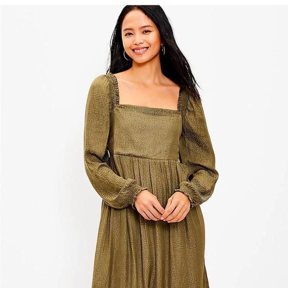LOFT Square Neck Olive Green Long Sleeve Babydoll Holiday Dress, size L